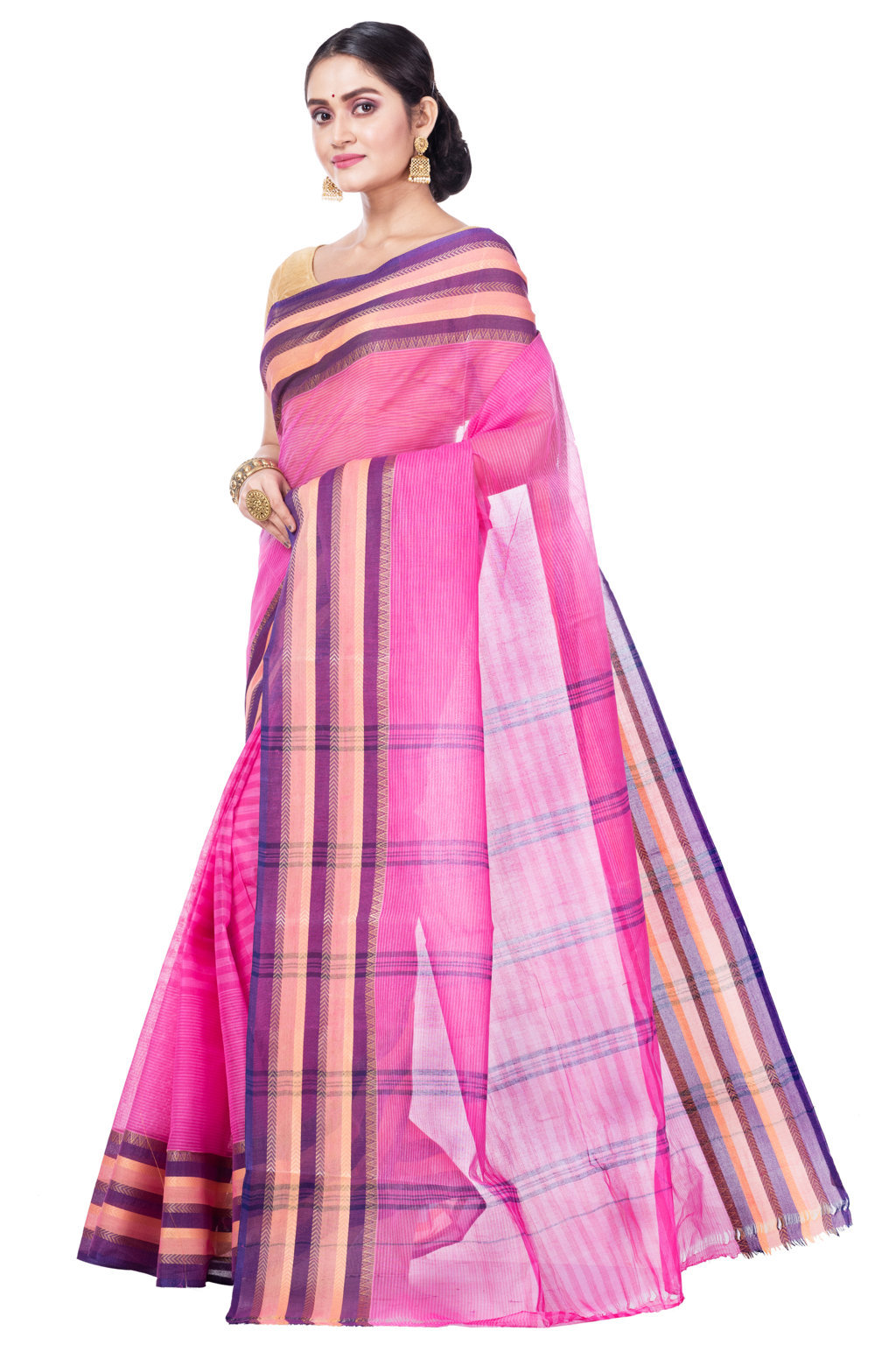 Pink Pure Cotton Khajur_Churi_Strip Tant Saree (658)